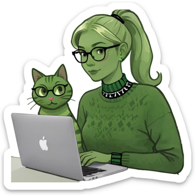 Blonde woman ponytail green eyes with cat and MacBook sticker