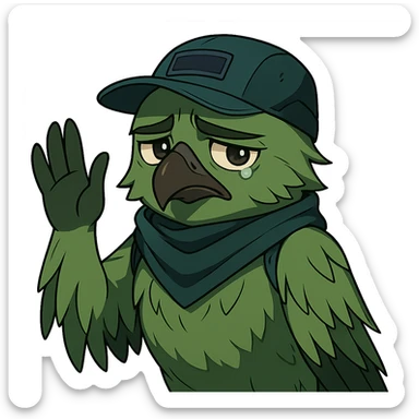 anime style green bird inspired by Valorant agent Falko, waving and looking sad sticker