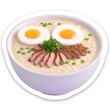 bowl of Asian rice porridge (congee) with steam, simple round bowl, topped with halved soft-boiled egg, minced pork, chopped green onions, cilantro, crispy fried garlic, smooth colorful clean minimal cute sticker