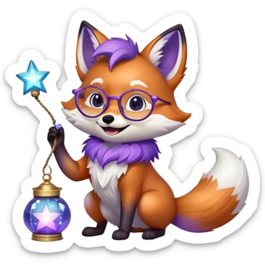 A small magical fox with shimmering purple and blue fur, a glowing fluffy tail, a silver star on its forehead, and round glasses, holding a tiny magical lantern, rolling on the floor and laughing uncontrollably. 🦊🤣 sticker