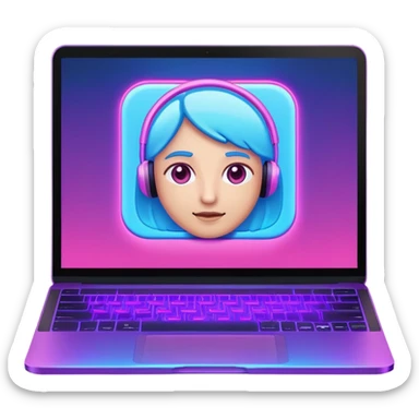 laptop computer with video call showing a person on screen, pink and light blue interface, with neon glow lines, blue neon light on top left, purple neon light on bottom right sticker