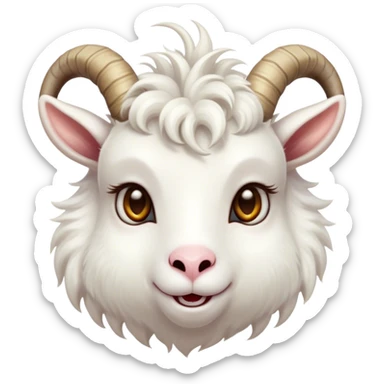 Cinematic Cute White Goat Portrait Emoji, Head tilted playfully and inquisitively, featuring a fluffy, immaculate white fur with charming curved horns, round, sparkling eyes filled with gentle curiosity, Simplified yet irresistibly adorable features, highly detailed, glowing with a warm, friendly glow, high shine, affectionate and lively, stylized with a touch of whimsical charm, bright and endearing, soft glowing outline, capturing the essence of a mischievous yet loving goat, so playful it feels like it could trot out of the screen and into your arms! sticker