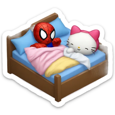 spiderman and hello kitty sleeping in bed together sticker