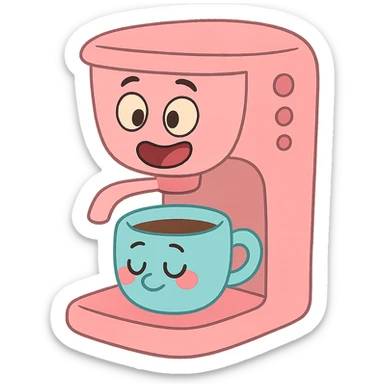 pastel pink coffee machine with a cup, calArts 2010s cartoon style, gentle shading sticker