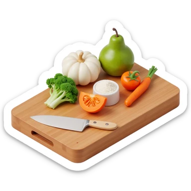 Ingredients on teh wooden cutting board with floating list  sticker