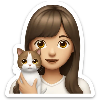 Brown haired girl with bangs holding a white cat  sticker