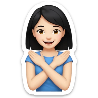 Girl with black hair arms crossed holding neck and laughing  sticker