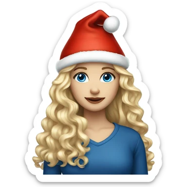 beautiful girl with long curly blonde hair and a Christmas hat and blue eyes sticker