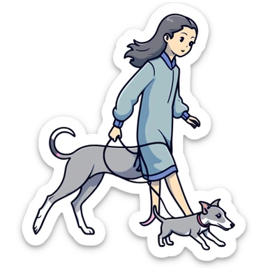 Japanese girl with flowing hair walking a solid grey greyhound with no white markings sticker