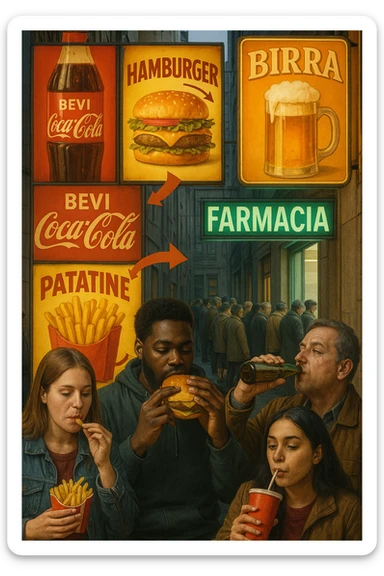 Realistic, vertical scene: a city street filled with bright, enticing advertisements for junk food and alcohol. In the foreground, people indulge in unhealthy foods and drinks, while in the background, a large pharmacy sign glows, and a line of people waits to buy medicine. Subtle arrows or visual cues connect the unhealthy choices to the need for medication, highlighting the cycle. in italiano sticker