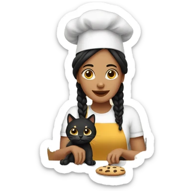 Woman wearing brow dark braids baking cookies with her dark cat  sticker