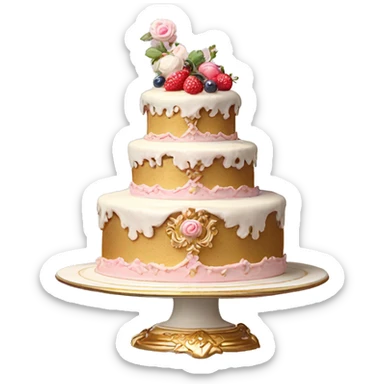 aesthetic vintage rococo cake with white icing, berries on a gold, pale pink, and white ceramic plate stand  sticker