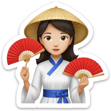 a vietnamese woman wearing a white ao dai holding a folding fan elegantly, wearing a nón lá sticker