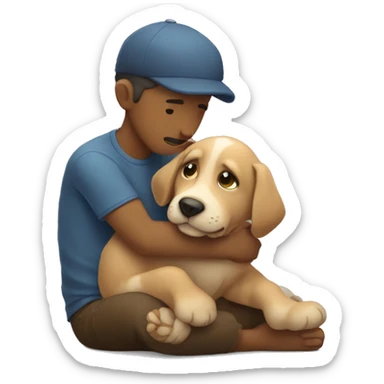 Puppy tightly hugs sitting man emotionly sticker