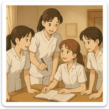 Four nursing students collaborating and interacting indoors, wearing white short-sleeve uniforms with V-neck tunic tops and left chest pockets, bare forearms, long hair tied back, no collar stand or stethoscopes, faces inspired by provided references, Ghibli style sticker