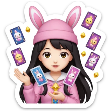 pixel art chibi gear asian girl with dark long hair in pink bunny ears hat magical girl with kawaii tarot cards thrown in air pixel emoji sticker