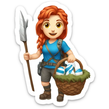 Female winter mountaineer red hair white skin climbing with Greek Flag and Easter eggs basket sticker