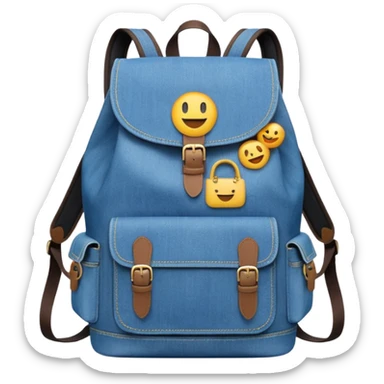 An emoji-style blue denim backpack with a flap top and one small buckle straps attached only on the flap, not connected to the front panel. No front pockets or vertical straps below the flap. Clean and minimal design with two side pockets. 



 sticker