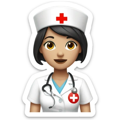 pixie cut black straight hair female nurse with red cross sign hat wearing dress
pale skin color sticker