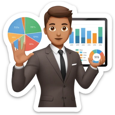 Cool guy in suit presenting a startup pitch deck with charts and graphs sticker