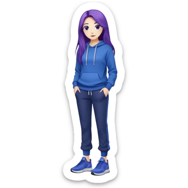 female with slim hourglass shaped body, purple long hair, wearing a blue sweater, dark blue sweatpants, and black sneakers, full body view sticker
