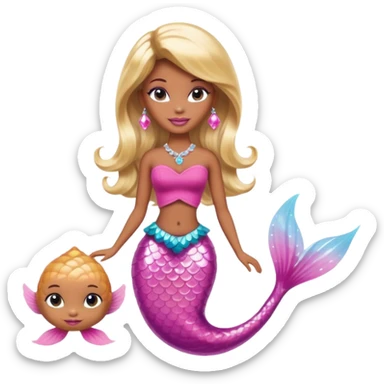 Brown skin blonde hair barbie mermaid with pink diamond tail  with pufferfish sticker