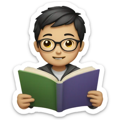 Chinese boy with glasses reading book sticker