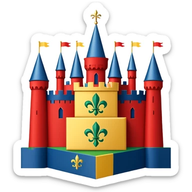  flag with 4 boxes: gold fleur-de-lis on deep blue/black; green, yellow, red stripes in upper right and lower left with green star in upper right; yellow castle on red in lower right. Flat vector, clean, high contrast, clear at small size. sticker