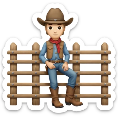 A calm cowboy leaning on a fence, dusty boots, hat tipped forward.
 sticker