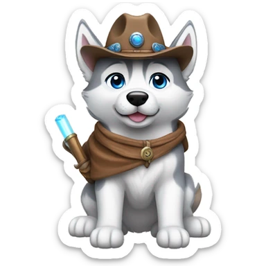 Gray Siberian Husky with blue eyes puppy wearing a cowboy hat dressed in Jedi clothing Holding a Lightsaber with the Paw sticker