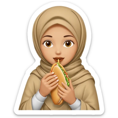 a woman wearing a pashmina hijab is eating sticker