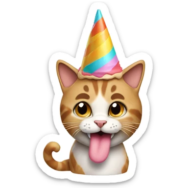 Cat wearing a birthday cone hat and licking an ice cream cone sticker