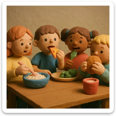 Children eating, matte, plasticine claymation with visible fingerprints and pastel colors. sticker
