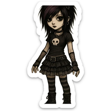 emo girl with layered skirt, fishnet gloves, gothic accessories sticker