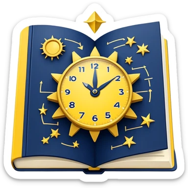A yellow productivity book with navy blue and gold details, and chart with upward trend aura, radiating productivity, strategy, and success in motion with time and happiness yellow... power in time aura of happiness sticker