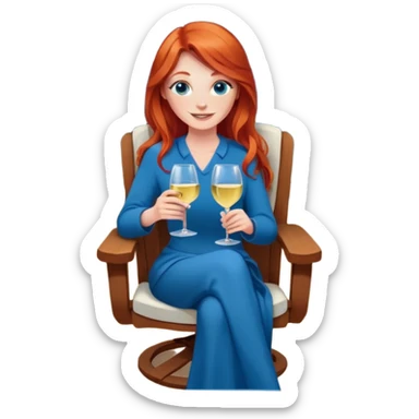 Happy redhead with long hair and blue eyes holding white wine sitting in chair fire pit sticker