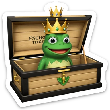 Emoji of an empty wooden coffin with its lid on top, the word ‘ECHO’ carved into the lid. The coffin is shown from the outside. A king-like Pepe the Frog, standing outside the coffin, is hammering nails into the lid to seal it shut. No character is inside the coffin. Not a treasure chest. sticker