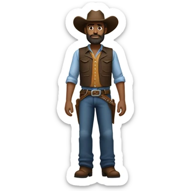 a rugged cowboy with a thick beard, wearing a blue vest over a classic western shirt. He should have a confident stance, showing full torso sticker