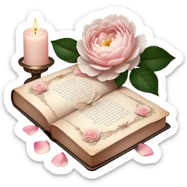 A beautifully aged book of poetry, open beside a softly glowing candle, with scattered blush pink rose petals and white peony blossoms decorating the vintage lace-covered surface.
 sticker