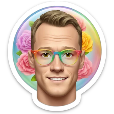 Jonathan Toews wearing glasses inside a rainbow bubble with pastel roses sticker