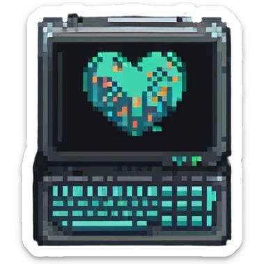 Minimalist technical pixel art IT support badge, bright colors, computer chip design sticker