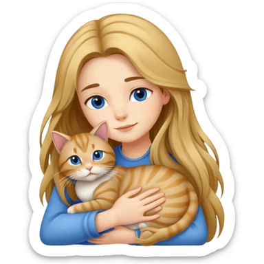 A long-haired girl hugs a blue-gold tabby cat sticker
