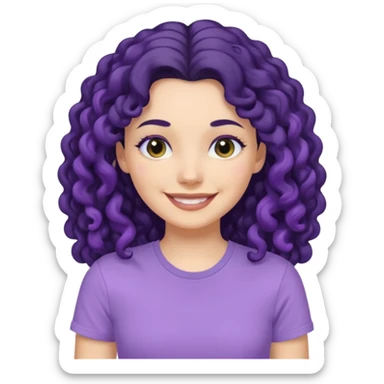 mujer blanca con cabello largo rizado negro sonriendo con camiseta lila sticker