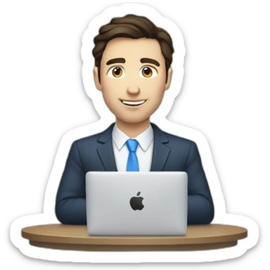 caucasian man with dark brown hair and  blue eyes wearing suit typing on a MacBook sticker