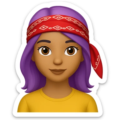 Create an image of a woman with a bandana and purple hair in the style of Apple emojis, with no background. The style should mimic the look of Apple emojis. sticker