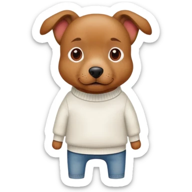 Brown dog standing upright with hands in jean pockets, wearing a white sweater and red shoes sticker