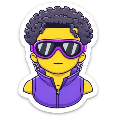 male athlete with white skin and moderately curly black hair on top with shaved sides, wearing ski goggles with purple frames and very dark black lenses, a simple plain black chain necklace, and a completely unzipped/wide open shiny purple vest fully revealing his chest and abs, no earrings sticker