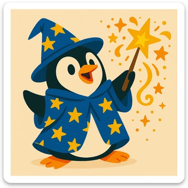 cartoon penguin wizard with a starry robe and a wand, casting a spell, whimsical style sticker