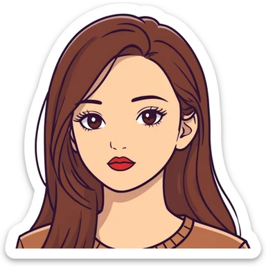 In stile emoji iOS 18 crea una ragazza con gli occhi marroni le ciglia lunghe il rossetto e i capelli lunghi marroni sticker