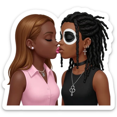 (Bimbo, pearl earrings stud, Light pink cute lips, long middle part with long honey brown hair, dark brown skin, playboy necklace with lashes, light pink sleeveless shirt, kissing the goth black girl with brown skin, cross earrings, ankh necklace with black dreadlocks with white paint on face sticker